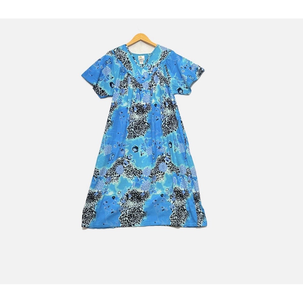 VTG Daffodil Floral MuuMuu Kaftan House Lounge Pockets Boho Midi Cotton Dress L